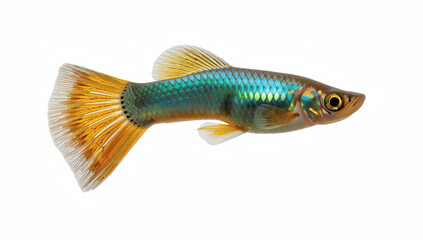 Fototapeta premium Bright freshwater guppy with iridescent scales and a flowing colorful tail, perfect for aquarium themes.
