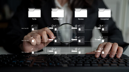 Task workflow system showing document progress through stages. Task tracking improves productivity,...