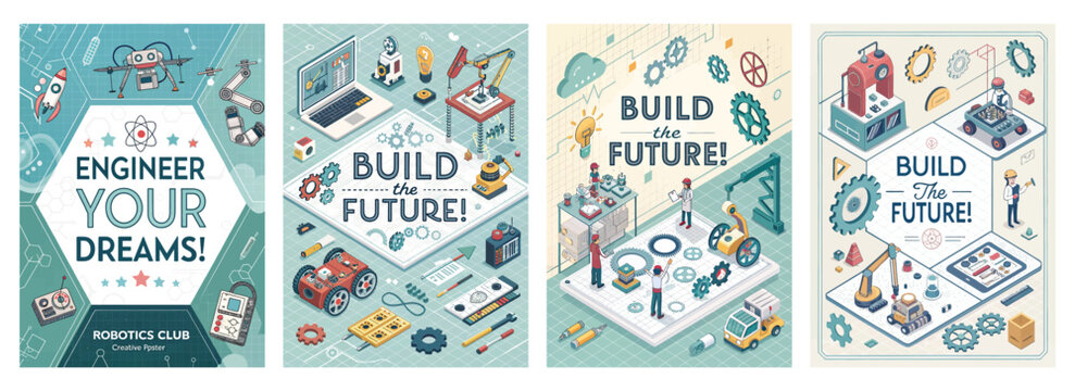 Engaging illustrations promoting a robotics club aimed at inspiring young inventors and engineers.