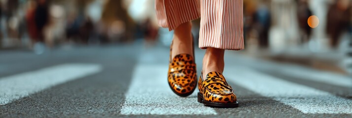 Stylish woman walks through city crosswalk wearing bold leopard print shoes