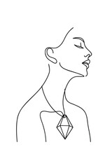 Minimalist single line drawing a woman wearing a diamond pendant necklace female