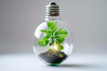 Glass light bulb with a green plant inside, isolated on a white background
