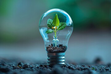 A glowing light bulb with a green plant growing inside represents a bright, innovative idea for eco-friendly energy and a sustainable environment