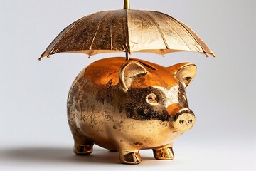 A cute golden piggy bank with an umbrella is an photo of a financial concept for saving money