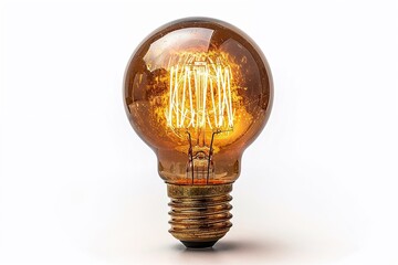 A glowing yellow light bulb isolated on  a white background represents a bright idea