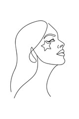 Minimalist single line drawing a woman with a star her face profile