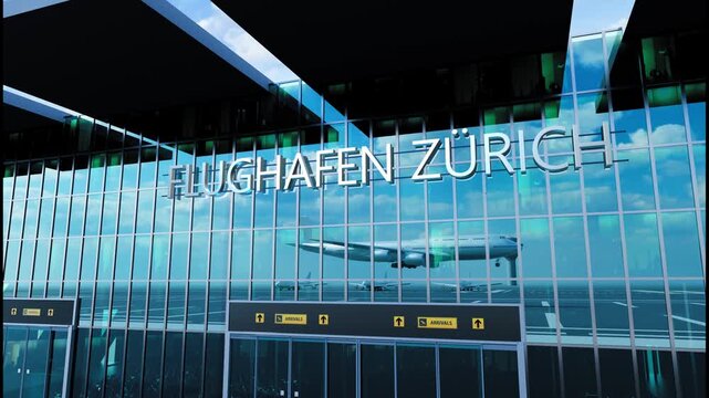Airlane landing at Flughafen Zurich. Arrival in the city with reflection of airport and aircraft