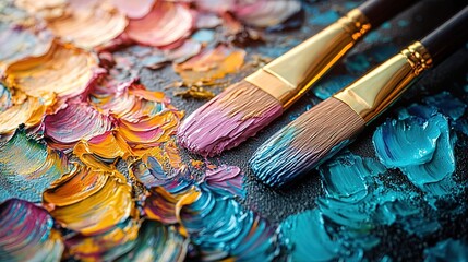 Fototapeta premium Close - up of Paintbrushes with Colorful Oil Paint Strokes on Palette 