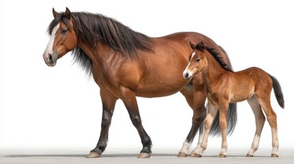 Naklejka premium Majestic brown mare walks alongside her playful foal in a studio setting showcasing their bond and grace