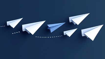 Flying Paper Airplanes on Dark Blue Background with Trails 
