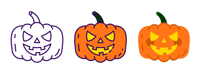 Cute jack-o'-lantern in outline, flat, and detailed styles. Orange, yellow, and green colors perfect for fun Halloween designs.