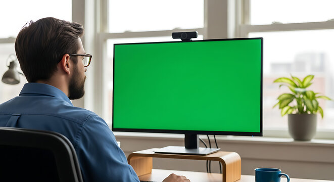 man with glasses working on a computer with a green screen in a bright office