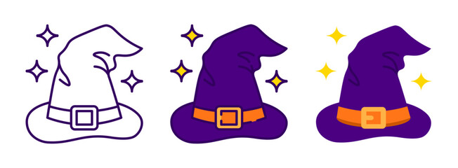 Magical witch hat in outline, flat, and detailed styles. Purple, orange, and yellow tones ideal for Halloween themes.