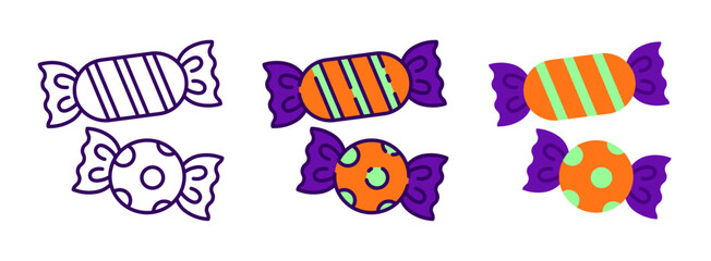 Colorful wrapped candy in outline, flat, and detailed styles. Orange, green, and purple stripes and dots for fun Halloween treats.