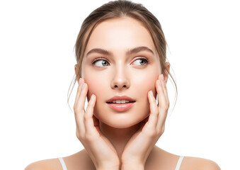 Radiant Woman Touching Face with Gentle Smile