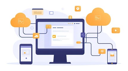 Digital Connectivity Illustration with Computer, Mobile Devices and Clouds 