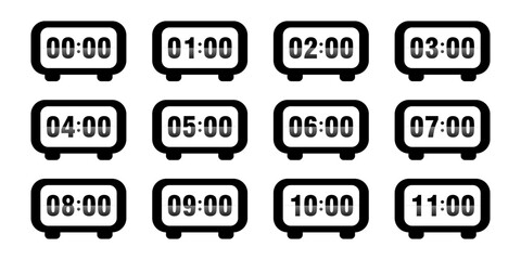 Set of digital watches with bold numbers. Alarm icon on a white background. A series of watches with hourly display of icon time. EPS10 vector illustration