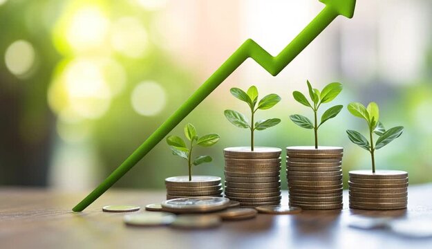 Stacked coins with green plant seedlings growing on top, arranged in ascending order from left to right, symbolizing financial growth and investment, green upward arrow in background