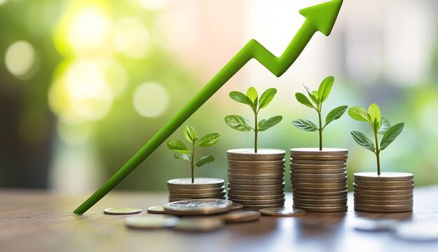 Stacked coins with green plant seedlings growing on top, arranged in ascending order from left to right, symbolizing financial growth and investment, green upward arrow in background