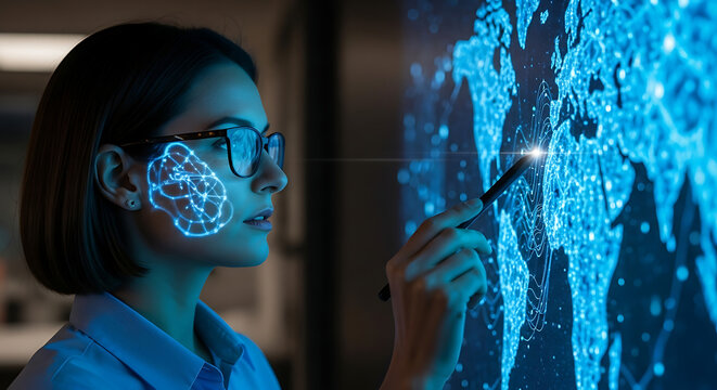 a woman is pointing at a world map on a screen with a brain illustration
