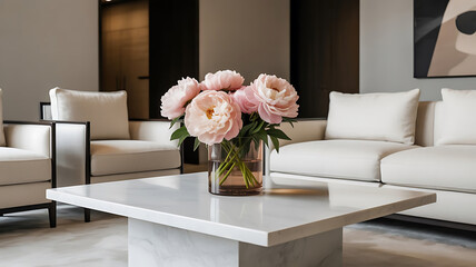 Elegant Living Room Interior with Pink Peonies in Glass Vase Centerpiece on Marble Coffee Table
