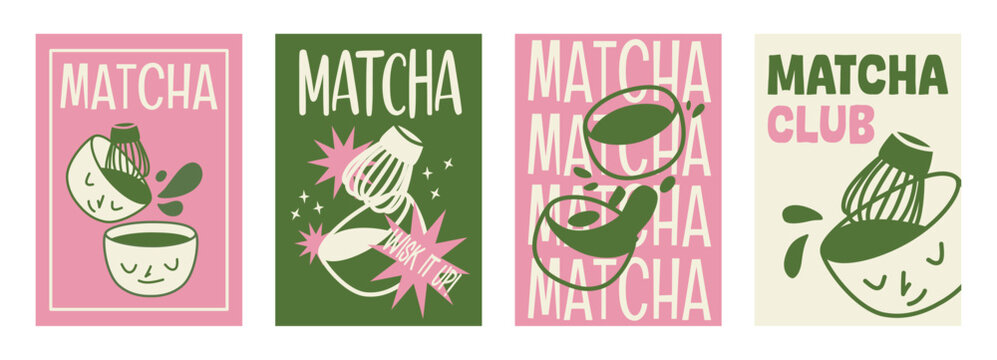 Matcha tea poster set with illustrated cups showing faces, a whisk in motion, and splashing green tea.