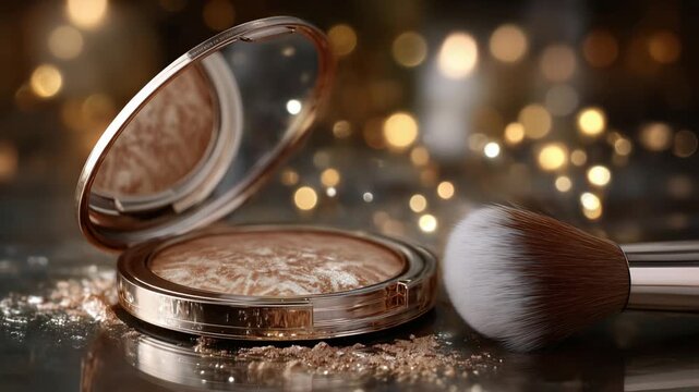 A captivating display of bronzer makeup with shimmering powder and a brush on a reflective surface, highlighting glowing particles.