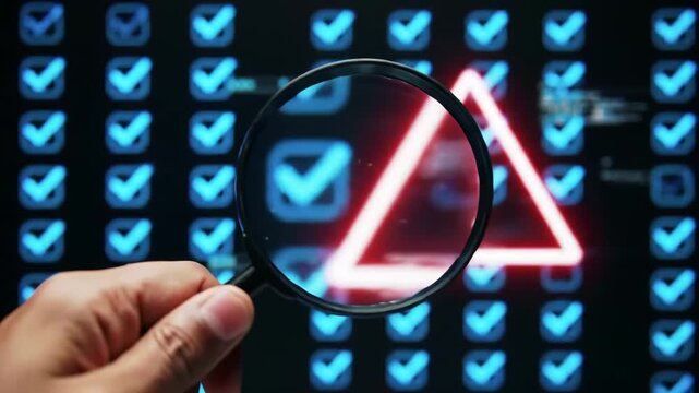 Risk management and error detection concept with magnifying glass highlighting warning symbol among digital check marks.