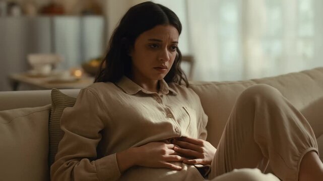 Young woman with discomfort expression sitting on couch experiencing anguish or anxiety at home.