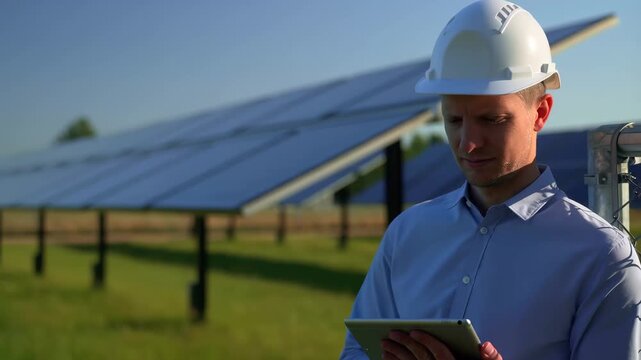 Solar technician inspecting photovoltaic panel installation while holding a digital tablet, implementation and maintenance of renewable energy systems in a sustainable environment.