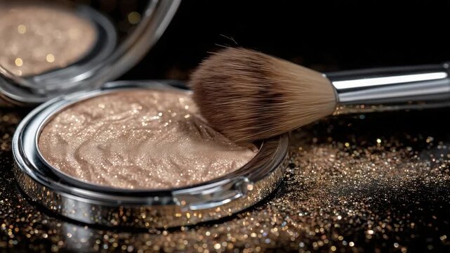 A luxurious bronzer compact with a soft brush and shimmering powder creates a warm, radiant glow on a sleek surface.