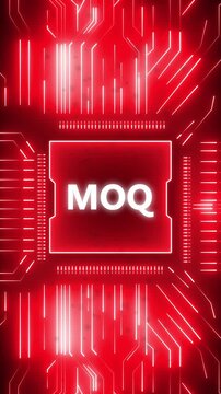 Minimum Order Quantity. MOQ concept head up display (HUD UI) panel and futuristic technology. Digital Data moving on Circuit Board and CPU . Computer Processing and organizing data.
