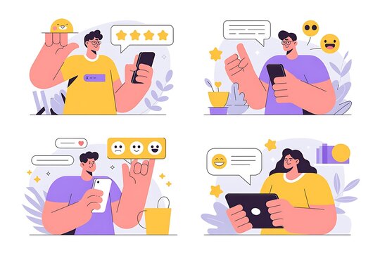 People interacting with digital feedback and emojis on their smartphones and tablets