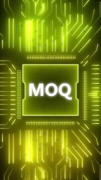 Minimum Order Quantity. MOQ concept head up display (HUD UI) panel and futuristic technology. Digital Data moving on Circuit Board and CPU . Computer Processing and organizing data.