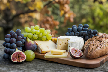 Cheese selection with green grapes, rustic bread and figs in countryside setting