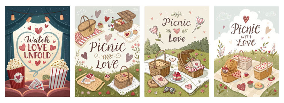 Whimsical picnic-themed illustration featuring heart motifs and inviting settings.