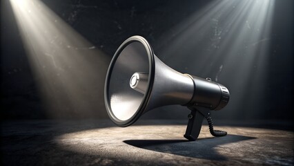 Classic black megaphone under dramatic spotlight on dark textured floor