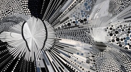 AI generated abstract explosion of monochrome radial lines and dots in a modern digital pattern - Powered by Adobe