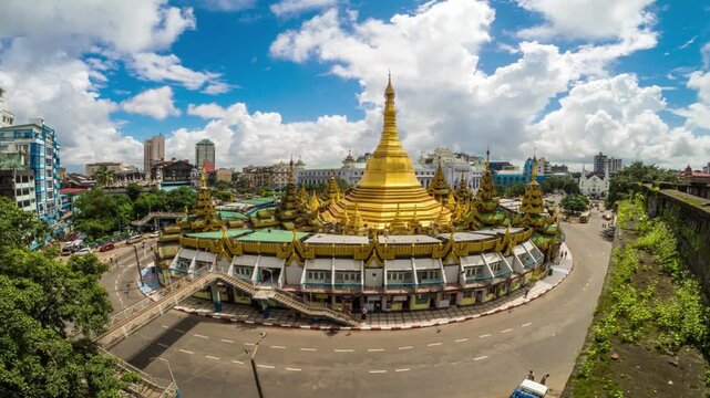 Aerial view of sule pagoda in yangon, myanmar, with city skyline and blue sky