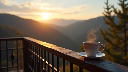 A cup of coffee on a balcony overlooking mountains at sunrise or sunset view