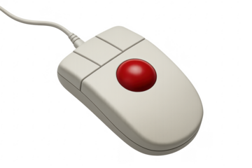 Vintage trackball mouse with red ball on transparent background