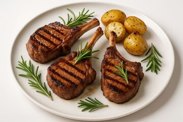 Grilled lamb chops with rosemary on dinner plate