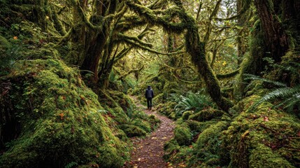 Lush forest path with hiker