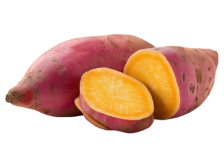 Two Purple Sweet Potatoes One Sliced Open orange flesh isolated on a transparent background