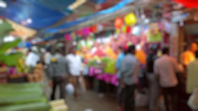 Bokeh view of Devaraja Market in Mysore, India. Blurred background footage.