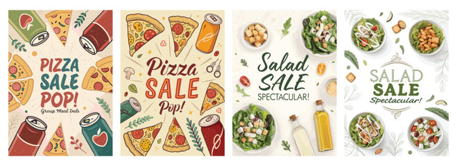 A vibrant collage featuring colorful pizza and salad promotional posters, perfect for food enthusiasts.