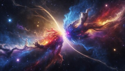 Fototapeta premium Cosmic Nexus A Celestial Dance of Interstellar Clouds and Starlight, Revealing the Vibrant Dynamics of Galactic Collision in the Deep Expanse of the Universe