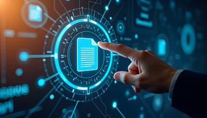 Businessman's hand illuminated by a blue light, interacting with a futuristic digital interface of binary code