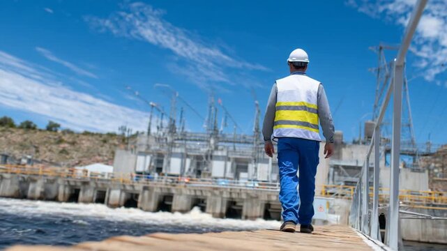 A stunning wide-angle shot of a hydroelectric dam, showcasing a worker on the industrial pathway amidst serene, glistening waters and sunny skies, merging nature with technology.