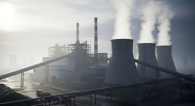 Industrial power station with cooling towers and chimneys emitting smoke and steam, contributing to air pollution and climate change.